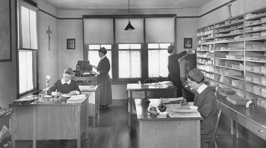 Sisters work in the office of the Religious Correspondence School, Edmonton